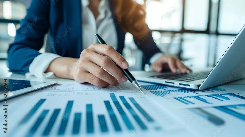 Poster financial analyst working with predictive analytics software