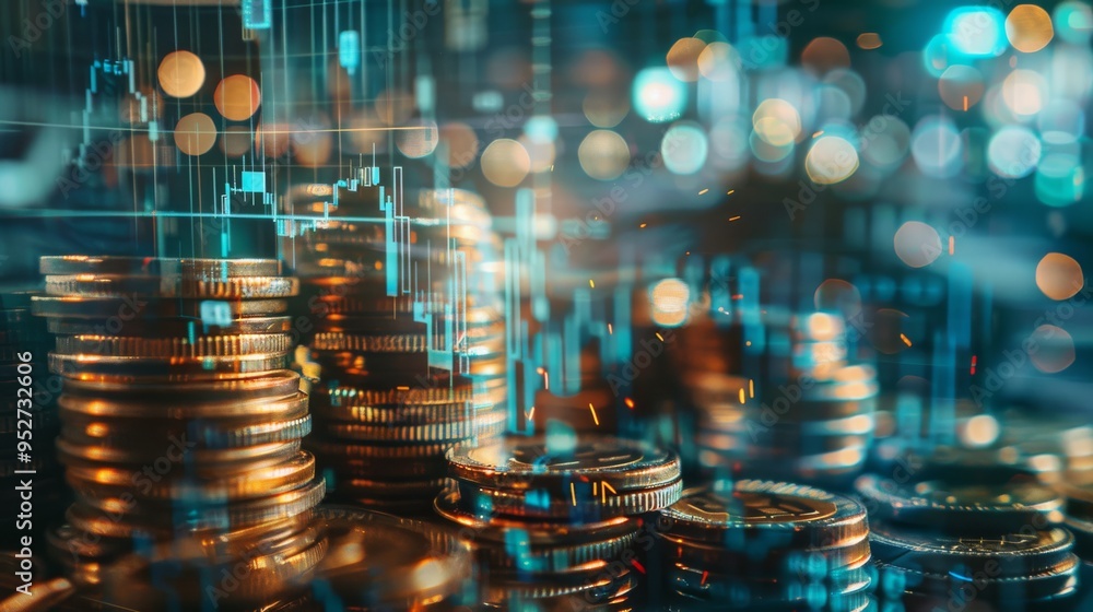 Poster Finance concept with graph overlaying stock display and coins double exposure