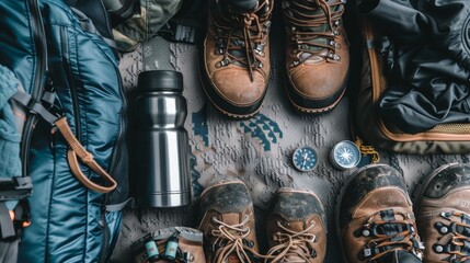 Flat lay of travel gear including backpack, water bottle, compass, and hiking boots