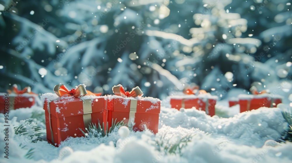 Poster gift boxes in a snowy forest with pine trees in the background