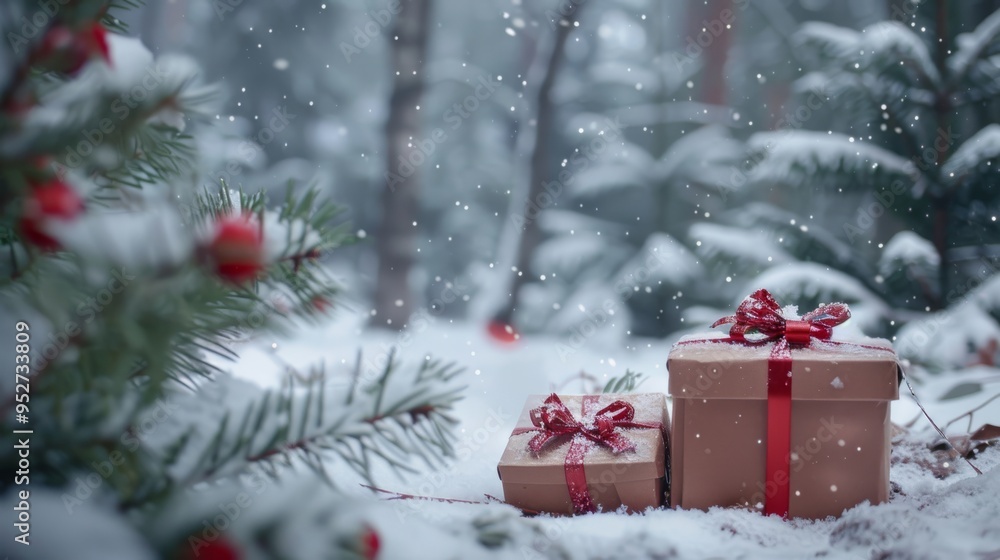 Poster gift boxes in a snowy forest with pine trees in the background