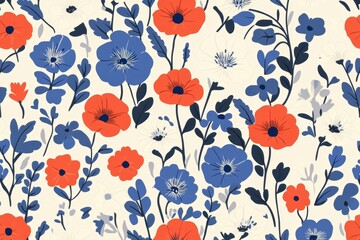 Colorful floral pattern with blue red flowers