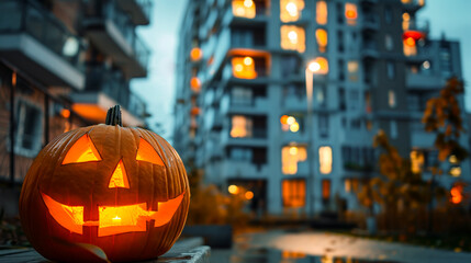 In the heart of a bustling city, a carved pumpkin glows vibrantly under a darkening sky. Blurred background of apartment buildings. Halloween in a big city. Copy space