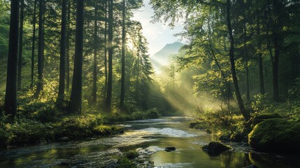Obraz premium spring forest nature landscape, beautiful spring stream, river rocks in mountain forest