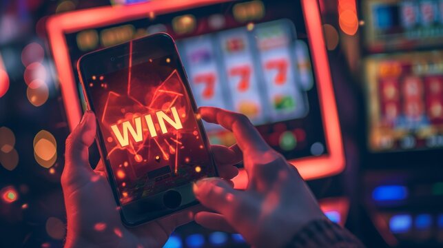 A woman's hand holds a phone playing in an online casino on the phone, the inscription on the screen "win", gambling