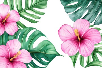 Fototapeta premium Tropical hibiscus flowers monstera leaves on white background