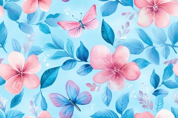 Serene watercolor flowers butterflies pattern on blue background