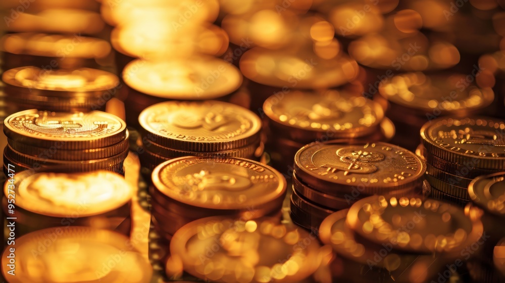 Poster Graph and stock display superimposed on rows of coins for banking concept