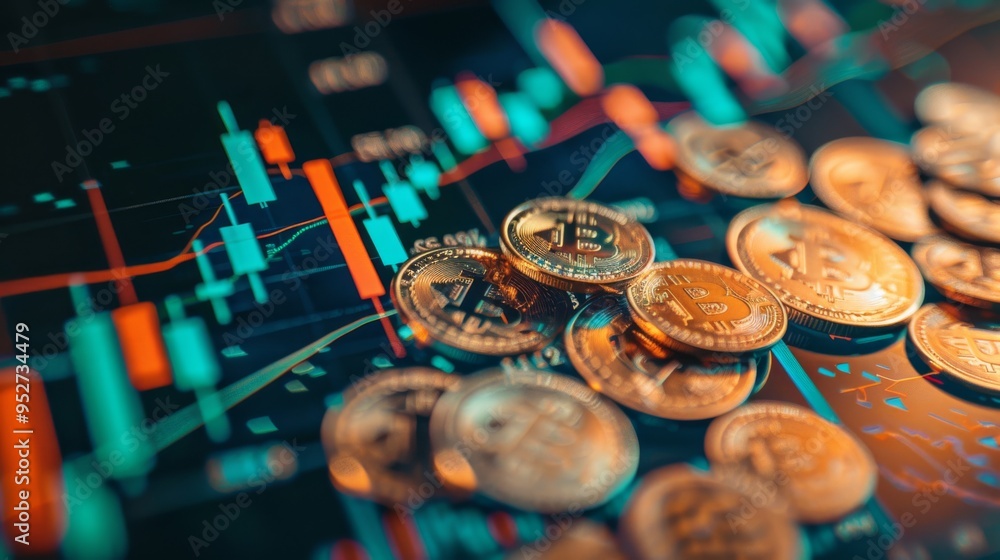 Poster Graph superimposed on stock display and coins for finance and banking