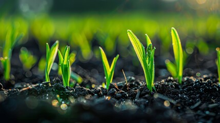 Grass sprouting from soil, detailed macro shot, natural textures, vibrant green