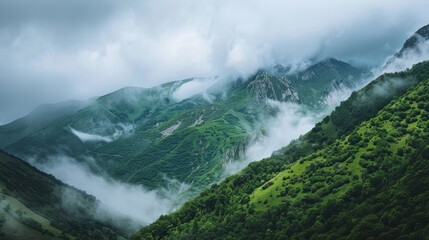 Green mountains with low-hanging clouds in a tranquil scene