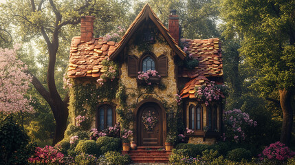 Fototapeta premium A fairytale house with stone walls and a tiled roof, surrounded by a blooming garden. The house is covered with ivy and flowers, giving it a cozy and enchanting look. Large trees grow around