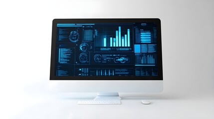 A modern virtual server interface displayed on a sleek computer screen with blue light effects on a solid white background