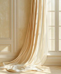 luxurious silk drapery cascading over a grand window, soft pastel hues