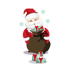 happy Santa Claus with a christmas bag of gifts, new year celebrations traditions