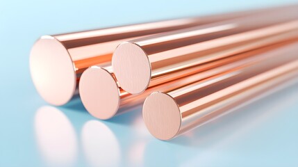 Naklejka premium A close-up view of a polished copper bar reflecting light, set against a pale blue background