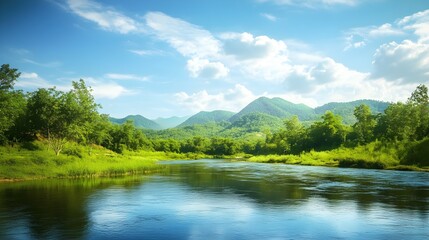 A serene landscape featuring a clear blue sky, lush greenery, and a peaceful river, representing the beauty of nature and its protection