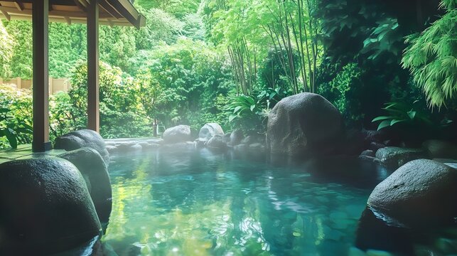 A serene atami scene featuring a traditional Japanese hot spring surrounded by lush greenery and smooth stones