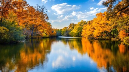 A calm river reflecting the vibrant colors of autumn foliage, surrounded by trees and wildlife