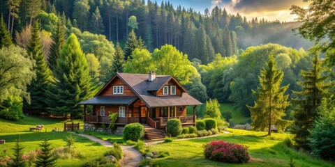 Obraz premium Rural house nestled in nature surrounded by trees and greenery, rural, house, nature, trees, green, peaceful, serene