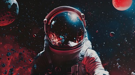 An astronaut floating in space, surrounded by stars and planets, with a bright light reflecting off their helmet