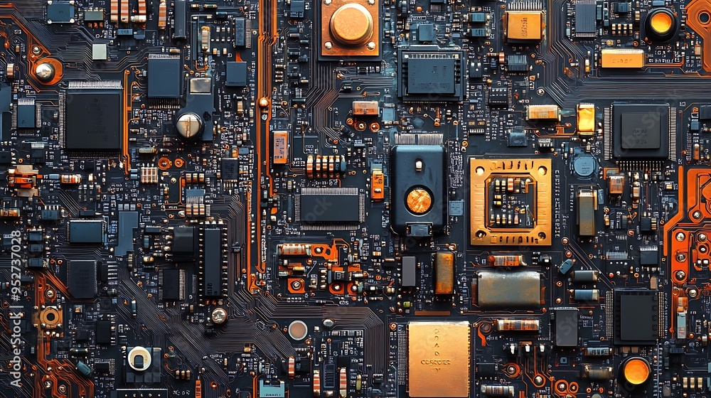 Poster close-up of a circuit board with orange traces and components