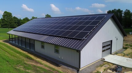Obraz premium Modern building with solar panels on the roof, renewable energy concept, sustainable structure in a rural area under a clear sky.