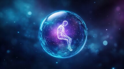 Fototapeta premium A surreal depiction of a person sitting in a luminous bubble, surrounded by cosmic elements and vibrant colors, representing introspection.