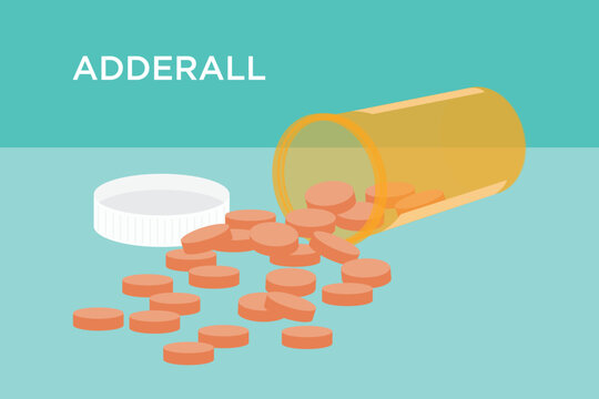 Flat-style vector stock illustration of orange or peach colored 20 mg Adderall oval-shaped tablets with an orange prescription bottle