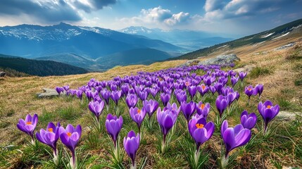 Alpine Crocus flowers in a valley in spring, Carpathian mountains.