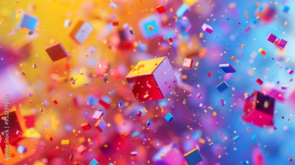 Poster Multicolored abstract design with small falling pieces, bright and vivid, dynamic composition,