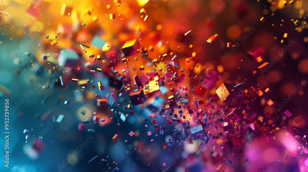 Aufkleber multicolored abstract design with small falling pieces, bright and vivid, dynamic composition,