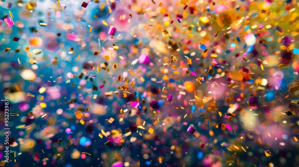 Poster multicolored abstract background with many falling small pieces, bright colors, dynamic motion, arti