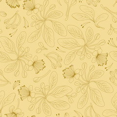 Simple floral seamless pattern. Delicate background doodle flowers and leaves. Floral and nature theme. For fabric and paper prints, packaging, textiles.