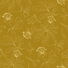 Vector floral seamless pattern. Gentle spring background with doodle flowers and moths. Floral and nature theme. Thin line sketch. Vector illustration.