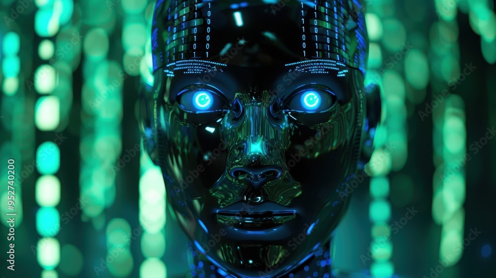Poster robotic head with digital elements, suggesting themes of artificial intelligence and technology