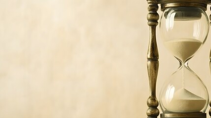 A close-up of a vintage hourglass with sand almost depleted against a solid light background