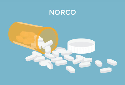 Vector Norco narcotic pain medicine tablets falling out of a prescription bottle stock illustration
