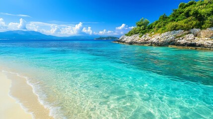 Fototapeta premium Beaches of Ksamil in Albania offer stunning turquoise waters.