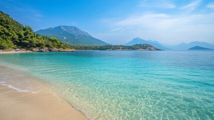 Fototapeta premium Ksamil's shore reveals the Ionian Sea's beauty.