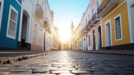 Obraz premium A vibrant street scene at sunrise, showcasing colorful buildings and cobblestone pathways under a clear blue sky.