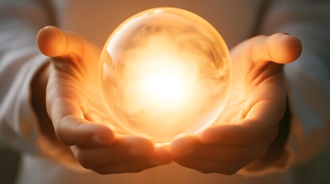 A close-up of hands holding a glowing orb of light, symbolizing personal energy management and focus