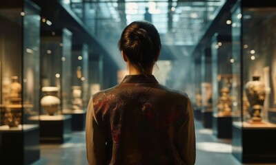 A person standing in front of an exhibit in an art museum, observing ancient artifacts under soft lighting. The scene captures a moment of reflection and appreciation of history and culture.