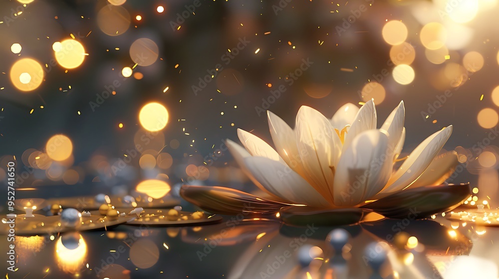Poster Lotus gold light with pearls floating on a sparkly background. Close-up of a lotus flower with reflection in the water, white lily in the moonlight. Image for wedding invitations. 3D rendering.