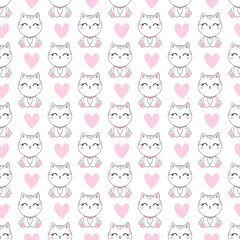 Obraz premium Cute kawaii little cat. Seamless pattern. Cartoon funny kitty, animals character. Hand drawn style. Vector drawing. Design ornaments. 