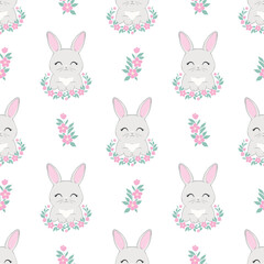 Seamless pattern with cartoon bunnies for kids. Abstract art print. Hand drawn background with cute animals. Vector illustration