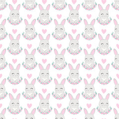 Obraz premium Seamless pattern with cartoon bunnies for kids. Abstract art print. Hand drawn background with cute animals. Vector illustration