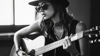 Naklejka premium Hipster woman strums guitar.