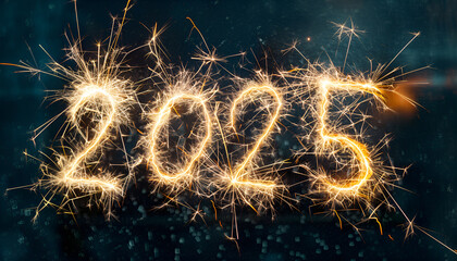 New Year 2025 light. Sparklers draw figures 2025. Bengal lights and letter