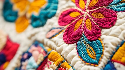 A close-up view of a beautifully stitched quilt square featuring intricate patterns and vibrant colors on a light solid color background